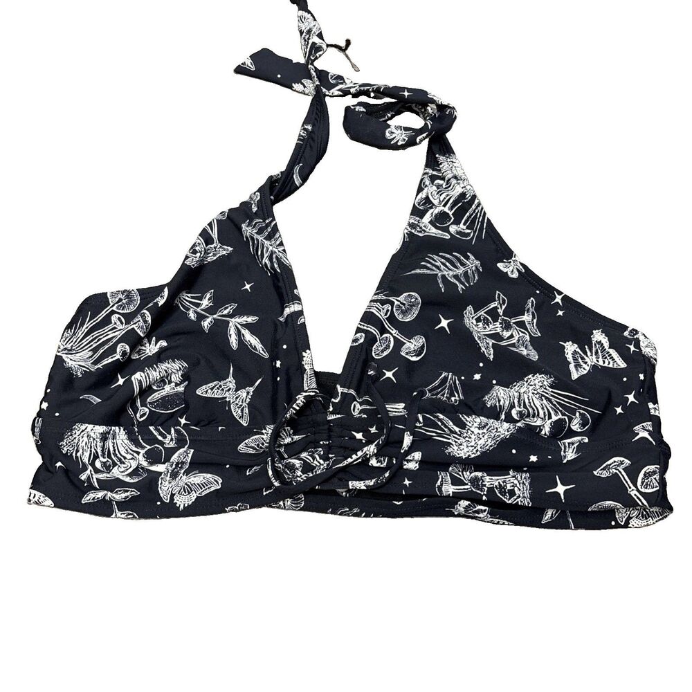Hot Topic Bikini Top XL Mushroom Print Halter Tie Black White Lined Stretch